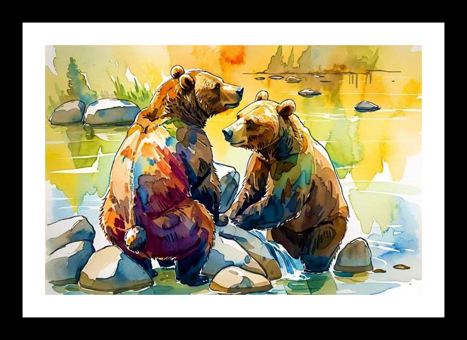 Grizzly Bears by Stream: Serene Portrait. Wall Art, Interior Accents, Framing Solutions, Residential/Commercial Decor, Premium Gifts | Size: 8 x 12 inches