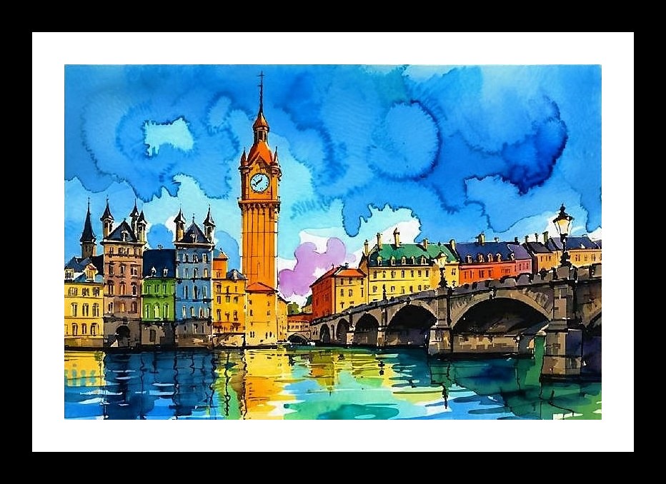 London Watercolor Thames Reflection - Cityscape Art Print Wall Art, Interior Accents, Framing Solutions, Residential/Commercial Decor, Premium Gifts | Size: 8 x 12 inches