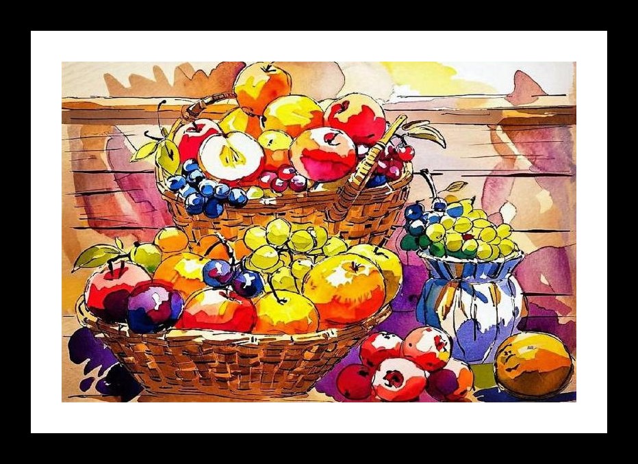 Fruitful Abundance: Baskets of Apples, Grapes, & Plums Portrait Wall Art, Interior Accents, Framing Solutions, Residential/Commercial Decor, Premium Gifts | Size: 8 x 12 inches