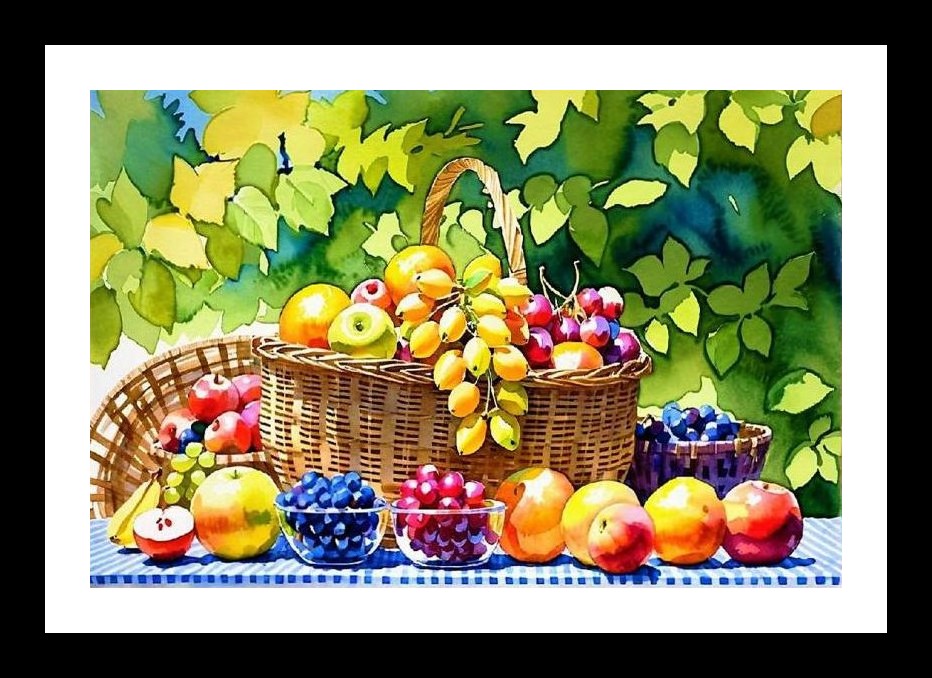 Fruit Basket Portrait: Vibrant Still Life Under Canopy. Wall Art, Interior Accents, Framing Solutions, Residential/Commercial Decor, Premium Gifts | Size: 8 x 12 inches