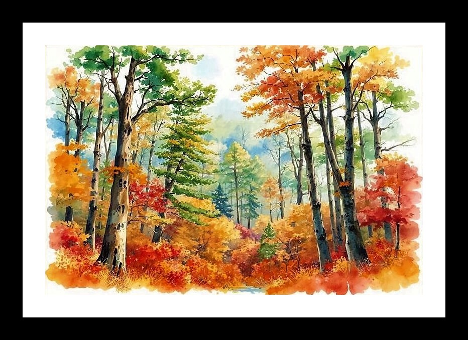Autumn Forest Watercolor Portrait: Serene Beauty Wall Art, Interior Accents, Framing Solutions, Residential/Commercial Decor, Premium Gifts | Size: 8 x 12 inches