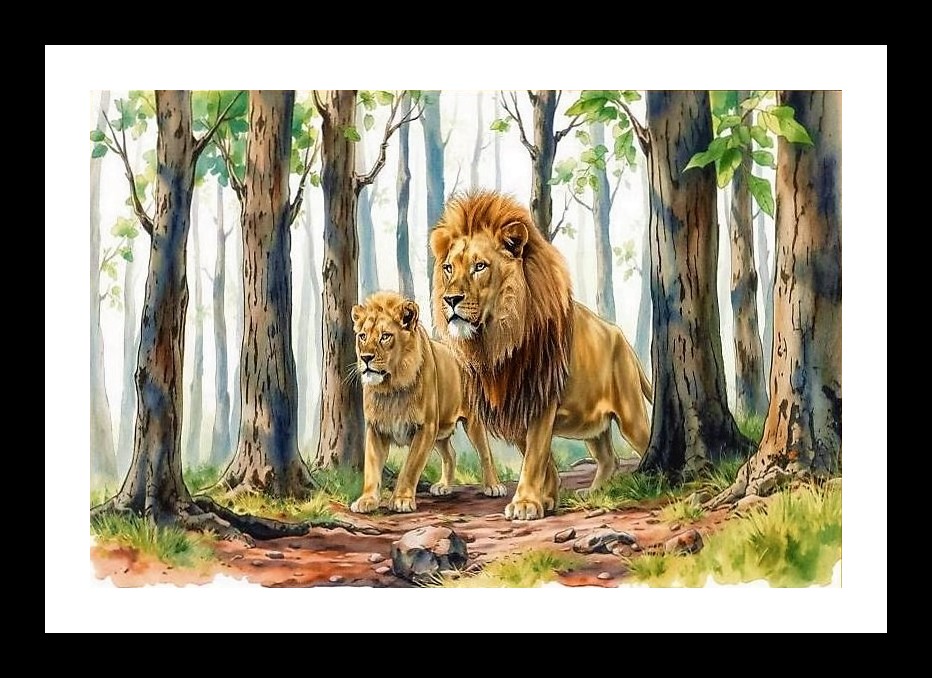 Majestic Lions in Tropical Forest Portrait - Stunning Wall Art Photo Frame With Photo, Wall Hanging Art, Wall Decor, Home Decor, Picture Frame | Size: 8 x 12 inches