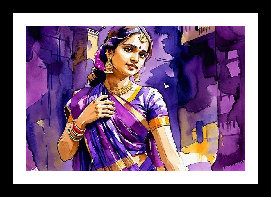 Regal Woman in Purple Saree: Vibrant Urban Portrait. Wall Art, Interior Accents, Framing Solutions, Residential/Commercial Decor, Premium Gifts | Size: 8 x 12 inches
