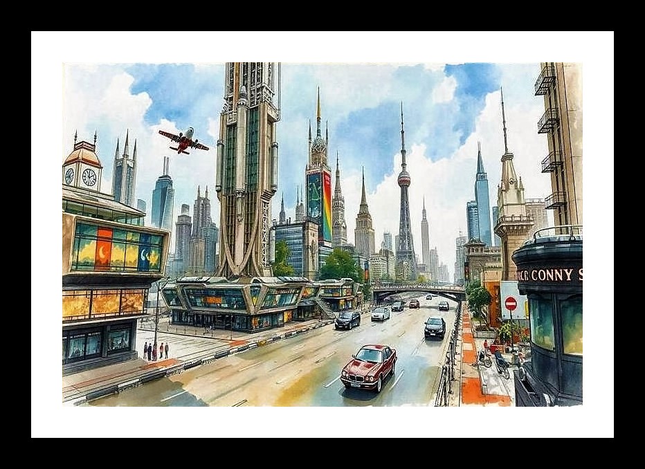 Futuristic Metropolis Watercolor Portrait: Envisioning the City of Tomorrow, Photo Frame With Photo, Wall Hanging Art, Wall Decor, Home Decor, Picture Frame | Size: 8 x 12 inches