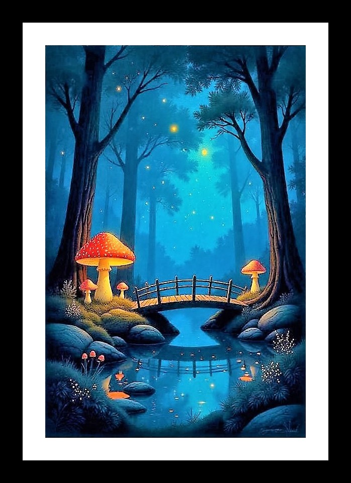 Enchanted Forest Night: Serene Stream & Bridge Portrait Photo Frame With Photo, Wall Hanging Art, Wall Decor, Home Decor, Picture Frame | Size: 8 x 12 inches