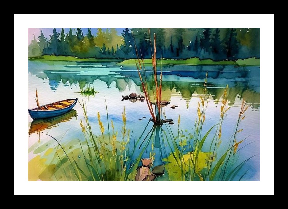 Serene Lake Boat Watercolor Art - Lush Greenery Calm Scene Wall Art, Interior Accents, Framing Solutions, Residential/Commercial Decor, Premium Gifts | Size: 8 x 12 inches