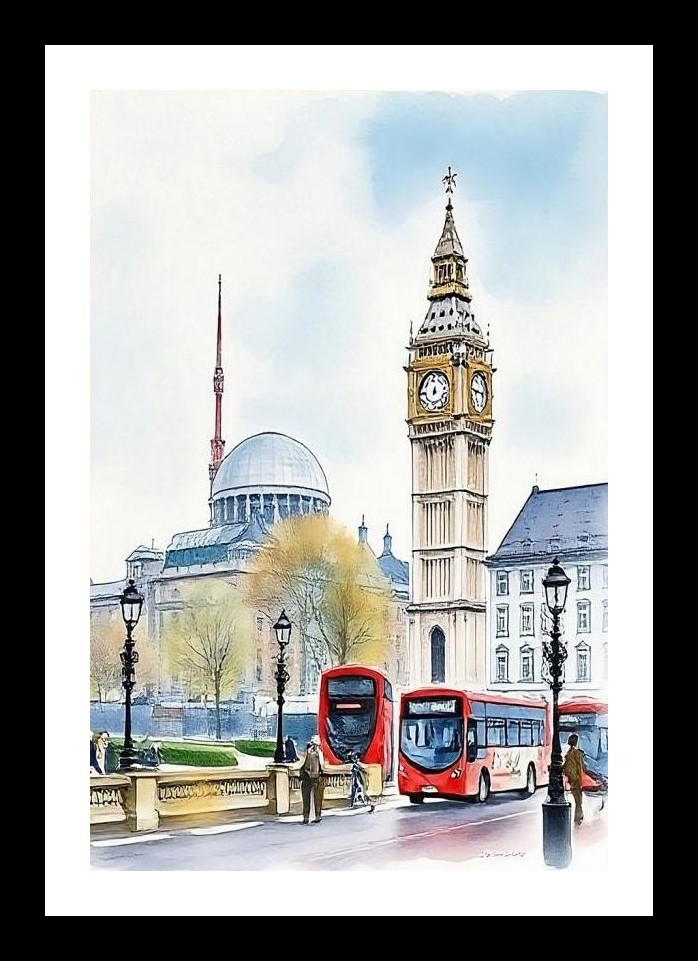 Big Ben in Watercolor: London Scene with Red Buses. Wall Art, Interior Accents, Framing Solutions, Residential/Commercial Decor, Premium Gifts | Size: 8 x 12 inches