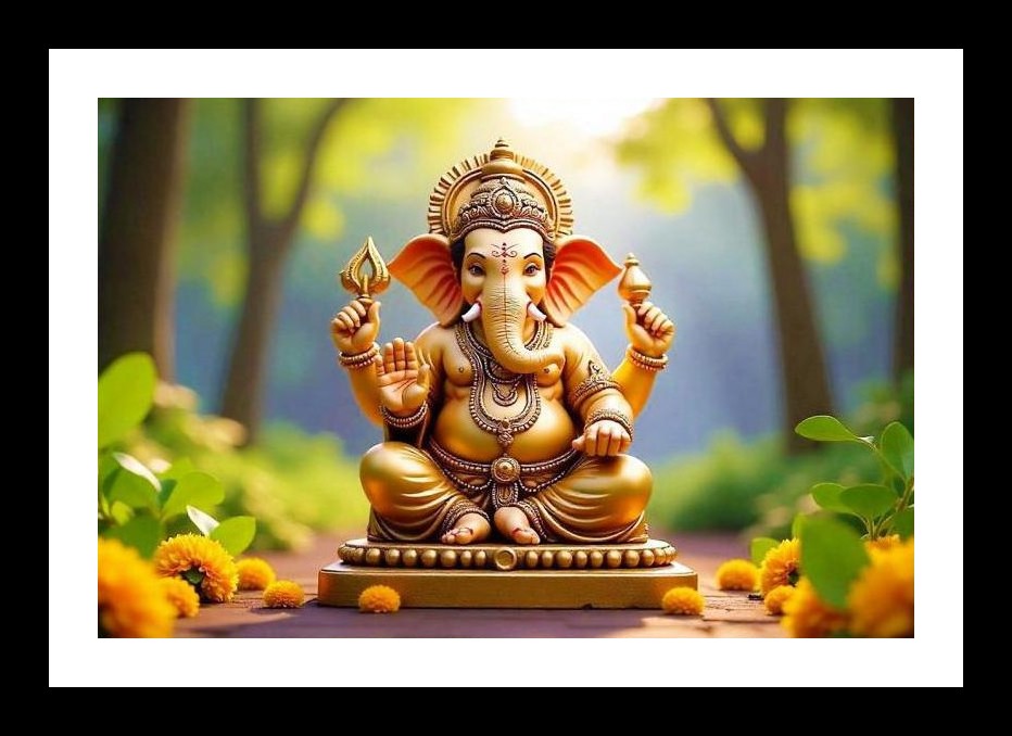 Golden Ganesha Among Flowers: Serene Spiritual Art. Wall Art, Interior Accents, Framing Solutions, Residential/Commercial Decor, Premium Gifts | Size: 8 x 12 inches