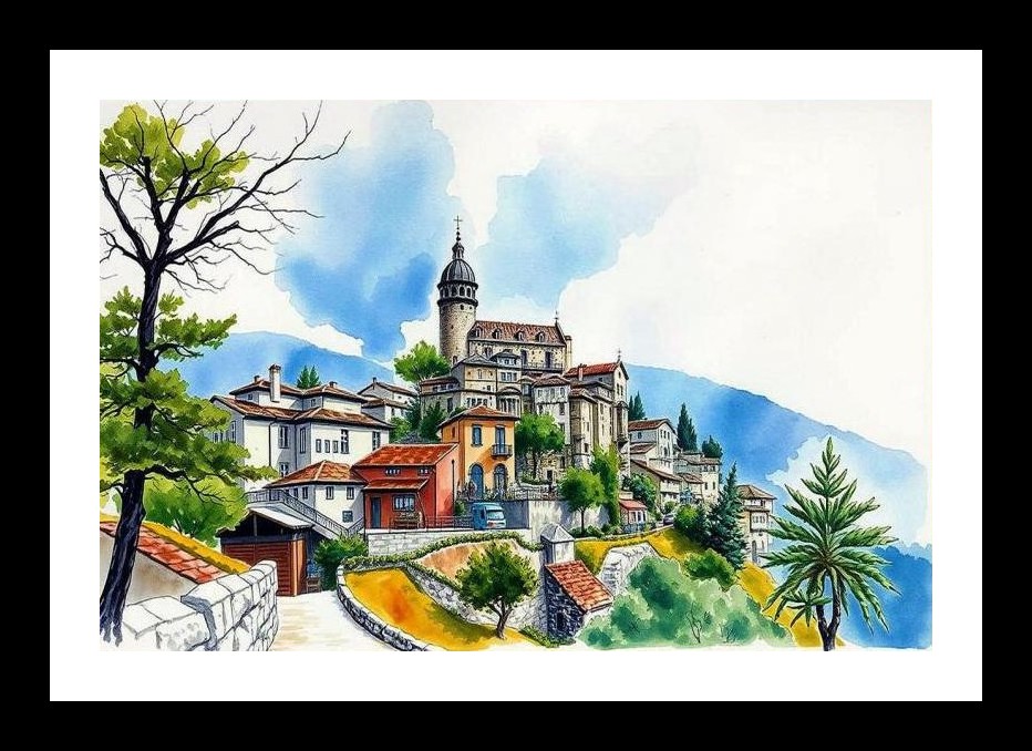 Hillside Village Church Portrait - Scenic Wall Art, Interior Accents, Framing Solutions, Residential/Commercial Decor, Premium Gifts | Size: 8 x 12 inches