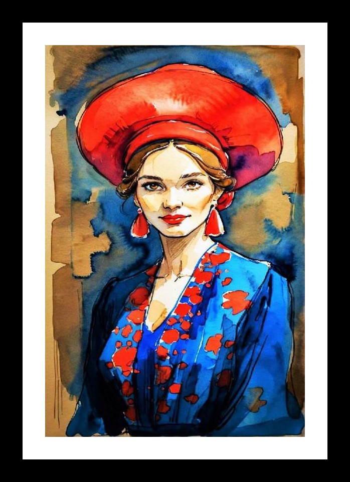 Watercolor Woman: Red Hat, Blue Dress. Stunning Portrait. Wall Art, Interior Accents, Framing Solutions, Residential/Commercial Decor, Premium Gifts | Size: 8 x 12 inches