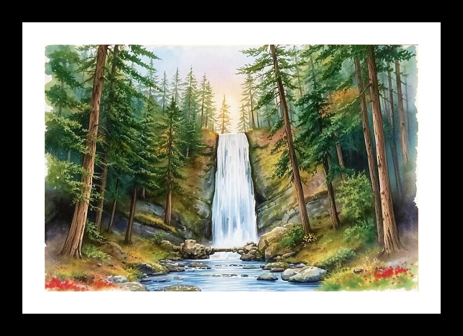 Serene Waterfall Forest Portrait - Nature's Beauty Captured. Wall Art, Interior Accents, Framing Solutions, Residential/Commercial Decor, Premium Gifts | Size: 8 x 12 inches