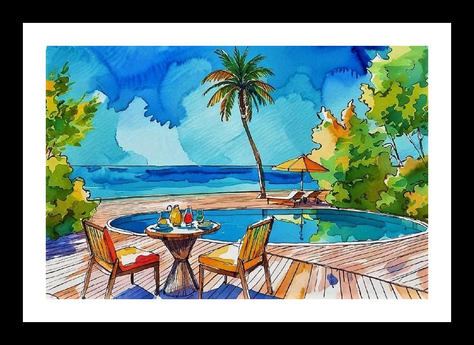 Tropical Paradise Portrait: Poolside Breakfast, Ocean View. Wall Art, Interior Accents, Framing Solutions, Residential/Commercial Decor, Premium Gifts | Size: 8 x 12 inches