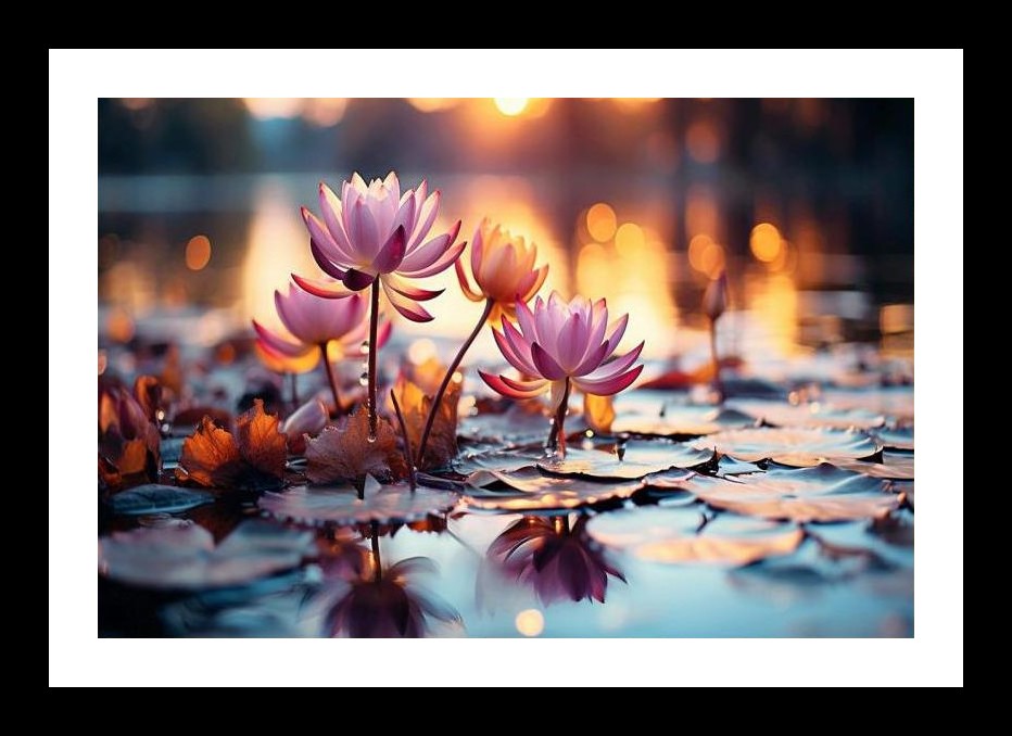 Sunset Serenity: Pink Water Lilies Bloom on Still Water. Wall Art, Interior Accents, Framing Solutions, Residential/Commercial Decor, Premium Gifts | Size: 8 x 12 inches