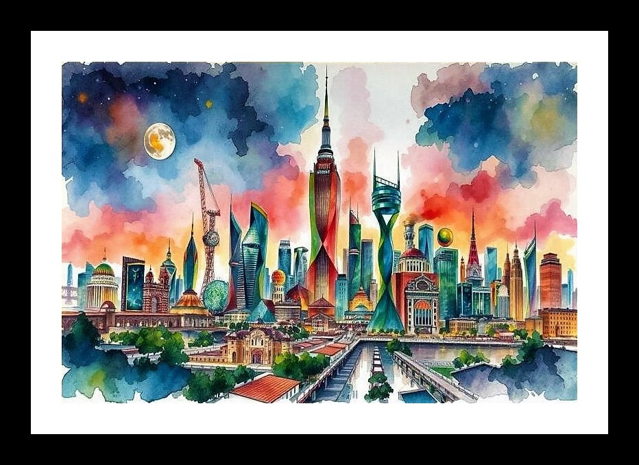 Watercolor Cityscape Skyline Portrait - Futuristic Skyscrapers Photo Frame With Photo, Wall Hanging Art, Wall Decor, Home Decor, Picture Frame | Size: 8 x 12 inches