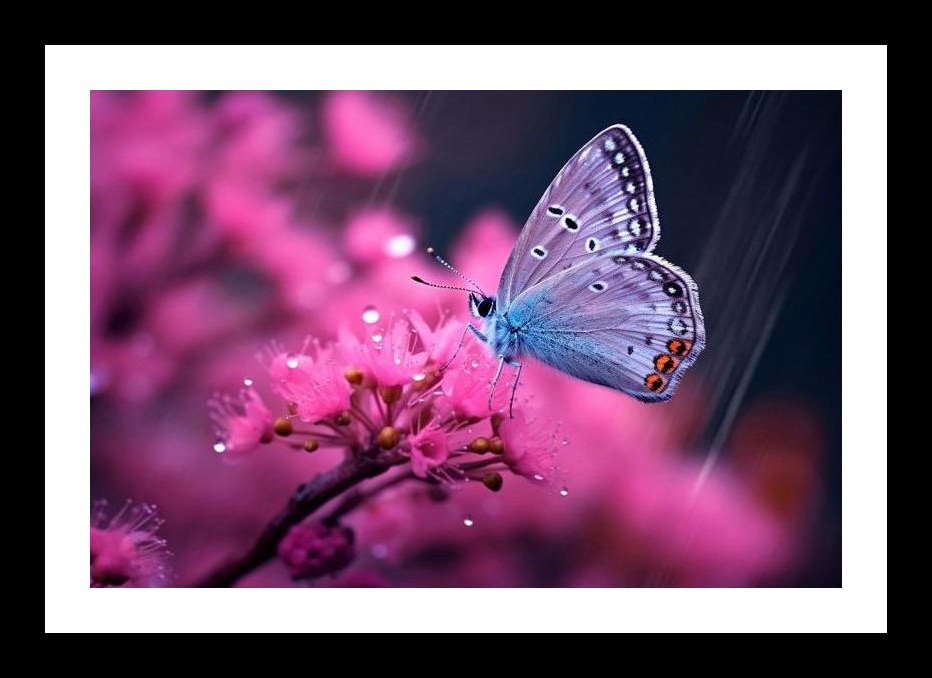 Blue Butterfly on Pink Flowers in Rain Photo Wall Art, Interior Accents, Framing Solutions, Residential/Commercial Decor, Premium Gifts | Size: 8 x 12 inches