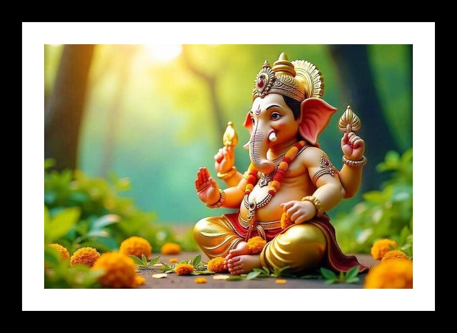Radiant Ganesha Amidst Marigolds: Serene Wall Art. Wall Art, Interior Accents, Framing Solutions, Residential/Commercial Decor, Premium Gifts | Size: 8 x 12 inches