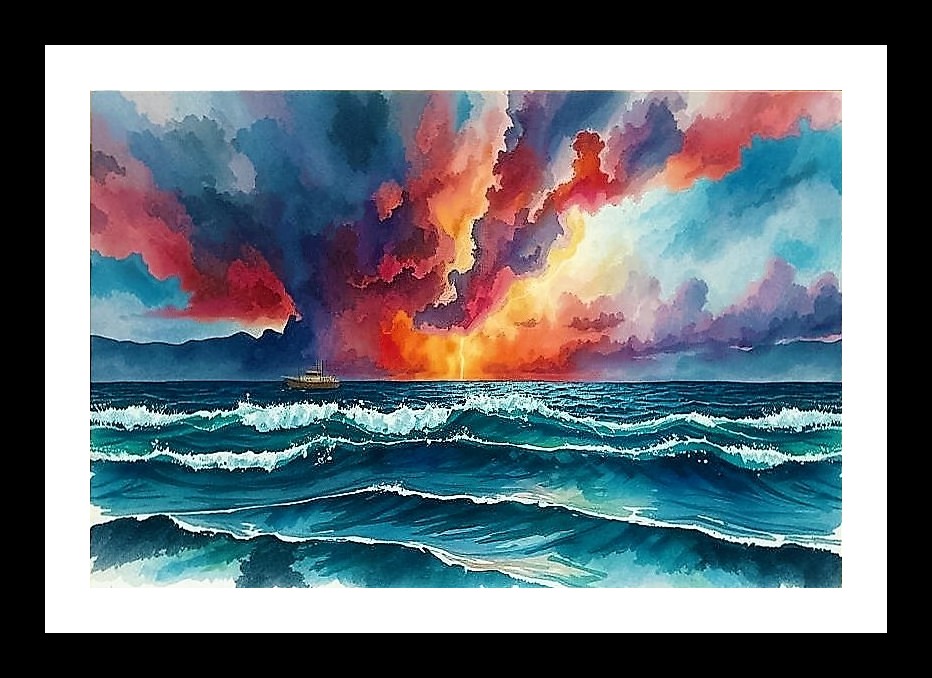 Breathtaking Watercolor Portrait of a Tempestuous Sunset over Raging Waves, Photo Frame With Photo, Wall Hanging Art, Wall Decor, Home Decor, Picture Frame | Size: 8 x 12 inches