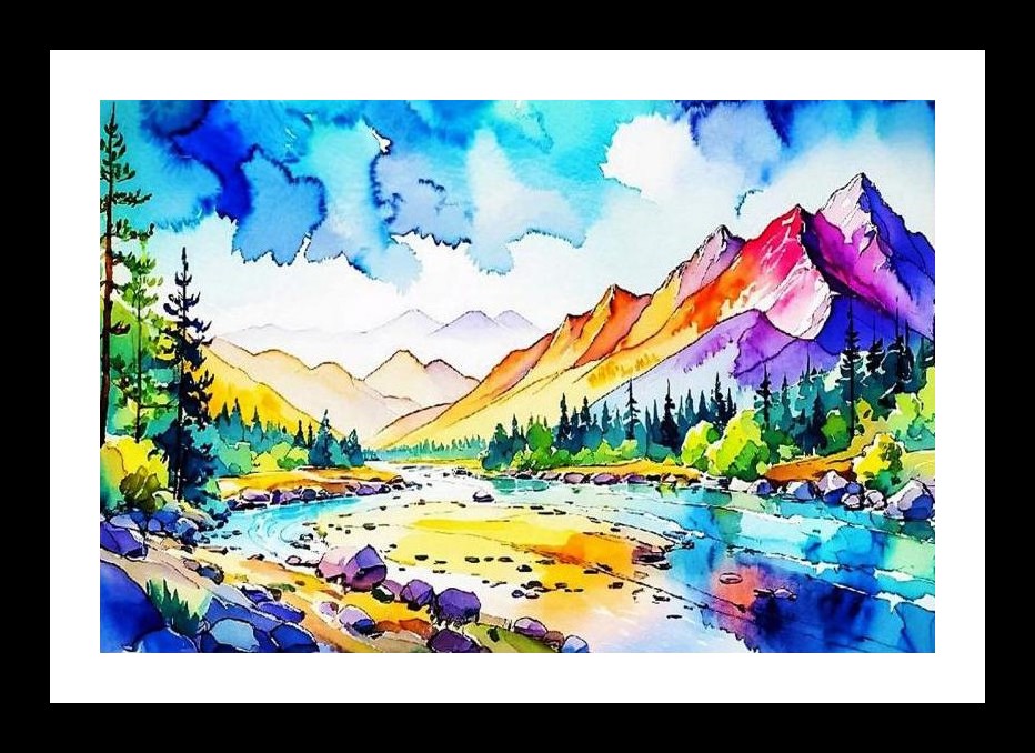 Watercolor River Mountain Range Portrait - Vibrant Wall Art, Interior Accents, Framing Solutions, Residential/Commercial Decor, Premium Gifts | Size: 8 x 12 inches