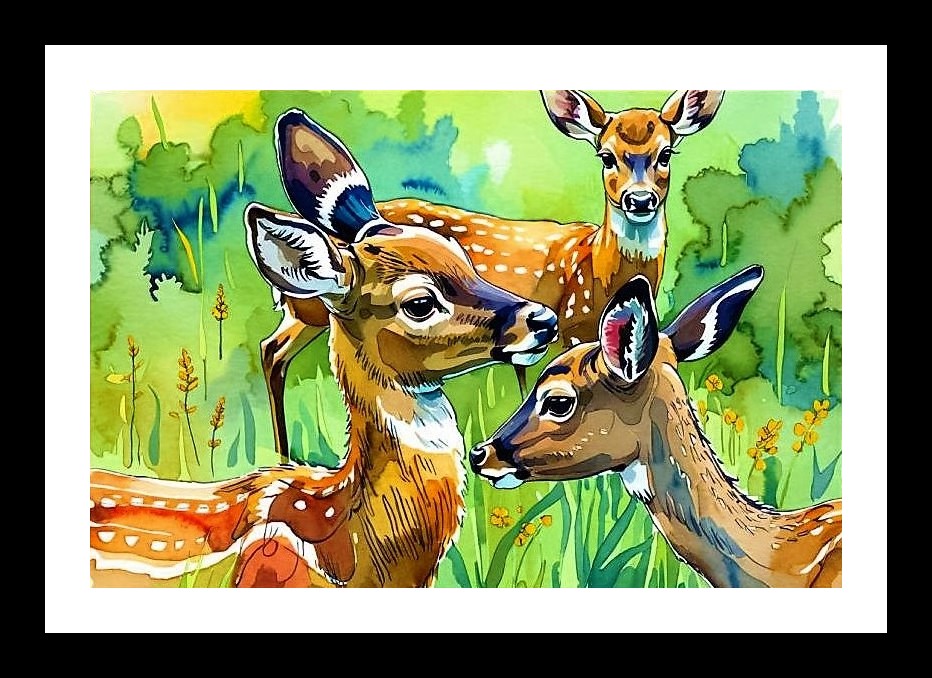 Three Spotted Fawns in Wildflowers Portrait Wall Art, Interior Accents, Framing Solutions, Residential/Commercial Decor, Premium Gifts | Size: 8 x 12 inches