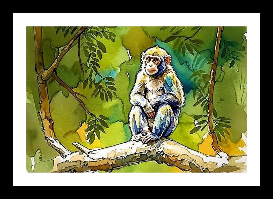Pensive Monkey Portrait: Lush Green Foliage Art. Wall Art, Interior Accents, Framing Solutions, Residential/Commercial Decor, Premium Gifts | Size: 8 x 12 inches