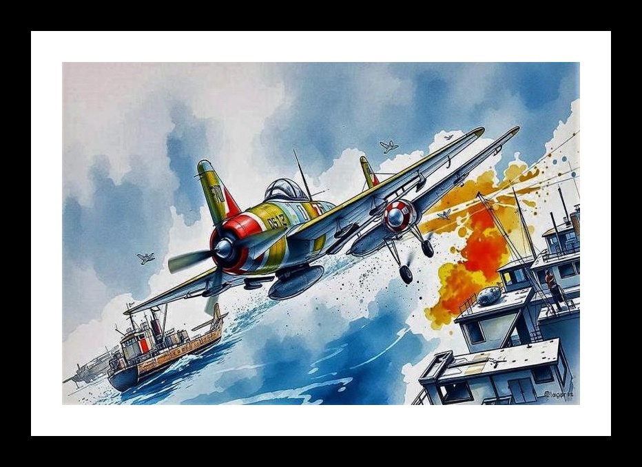 Aerial Assault: Fighter Plane vs. Enemy Ships - Explosive Portrait Wall Art, Interior Accents, Framing Solutions, Residential/Commercial Decor, Premium Gifts | Size: 8 x 12 inches