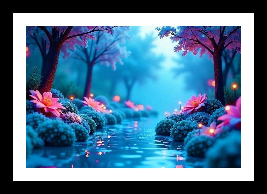 Enchanted Stream: Pink Blossoms & Ethereal Light Photograph Wall Art, Interior Accents, Framing Solutions, Residential/Commercial Decor, Premium Gifts | Size: 8 x 12 inches