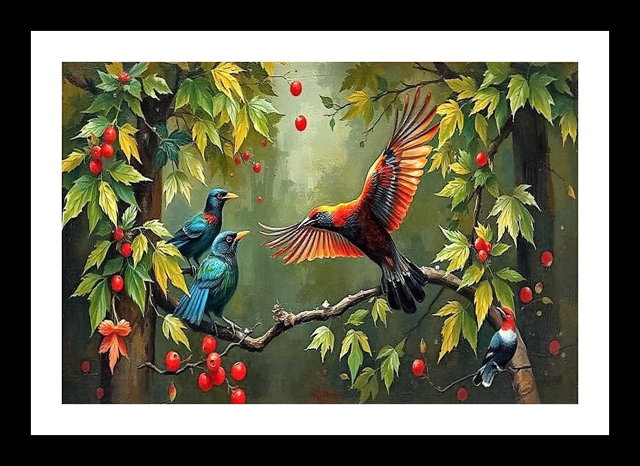 Jungle Birds Portrait: Vibrant Nature Art. Photo Frame With Photo, Wall Hanging Art, Wall Decor, Home Decor, Picture Frame | Size: 8 x 12 inches