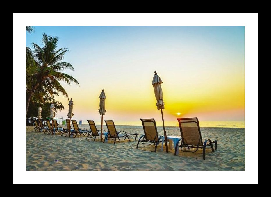 Sunrise Serenity: Beach Chairs & Umbrellas Await on Sandy Shore. Wall Art, Interior Accents, Framing Solutions, Residential/Commercial Decor, Premium Gifts | Size: 8 x 12 inches