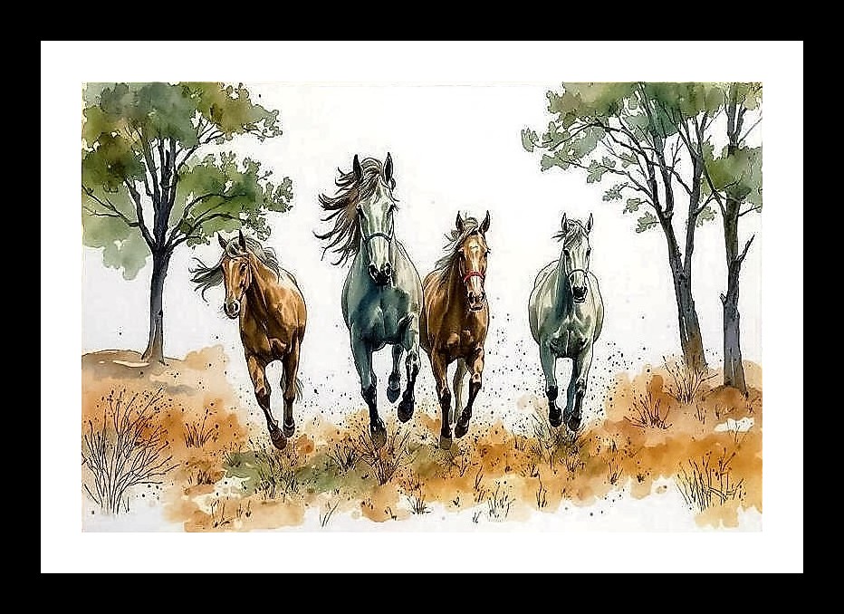 Wild Horses Watercolor Portrait: Forest Gallop Photo Frame With Photo, Wall Hanging Art, Wall Decor, Home Decor, Picture Frame | Size: 8 x 12 inches