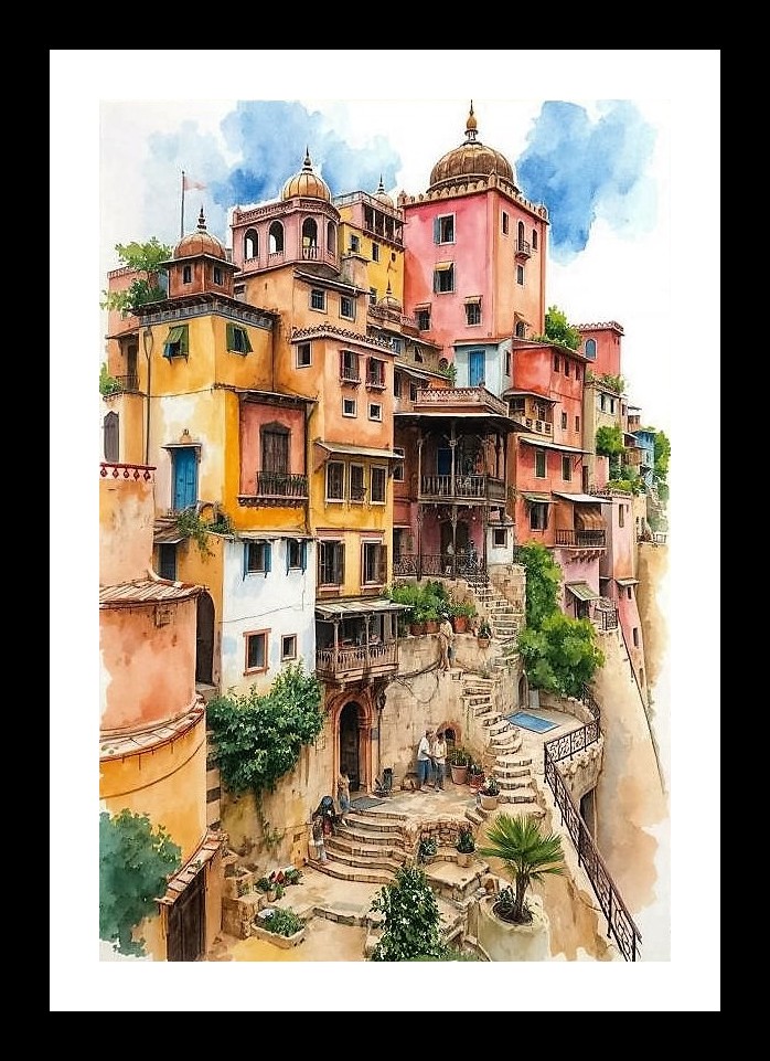 Watercolor Indian Hill Station Portrait - Vibrant Wall Decor Wall Art, Interior Accents, Framing Solutions, Residential/Commercial Decor, Premium Gifts | Size: 8 x 12 inches