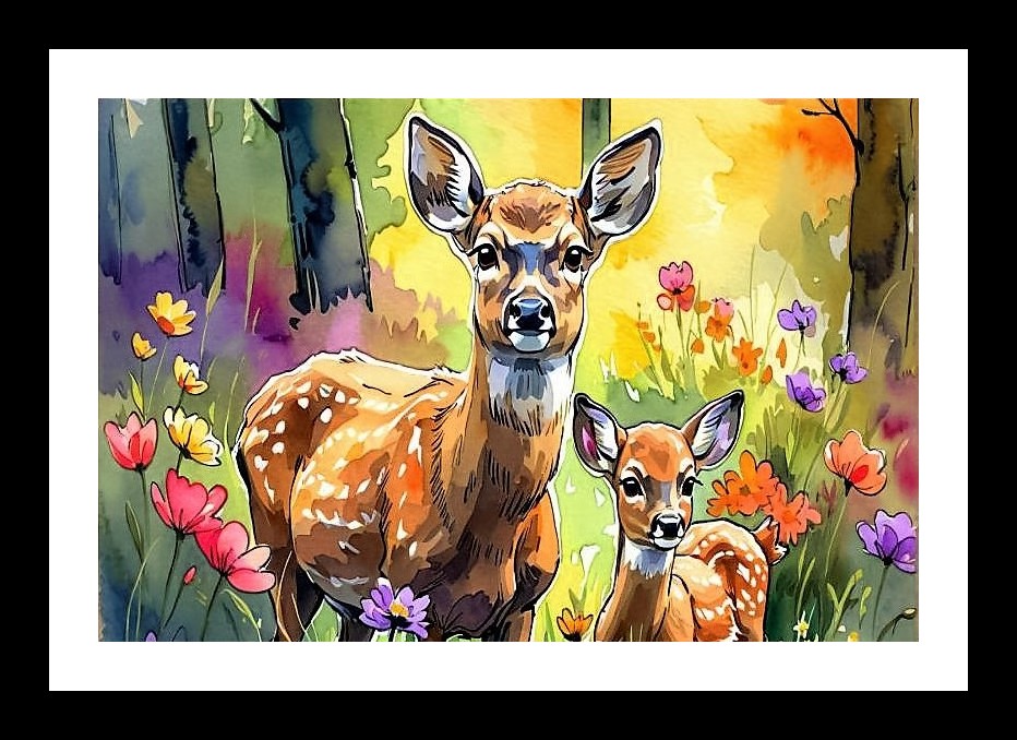 Serene Mother & Fawn: Wildflower Meadow Portrait. Photo Frame With Photo, Wall Hanging Art, Wall Decor, Home Decor, Picture Frame | Size: 8 x 12 inches