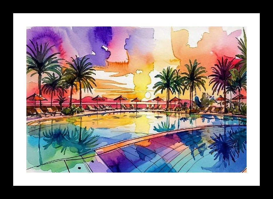 Sunset Pool Paradise: Vibrant Watercolor Resort Art Wall Art, Interior Accents, Framing Solutions, Residential/Commercial Decor, Premium Gifts | Size: 8 x 12 inches