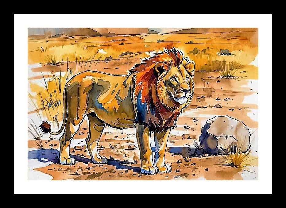 Golden Lion Savanna Portrait - Majestic Wildlife Art. Photo Frame With Photo, Wall Hanging Art, Wall Decor, Home Decor, Picture Frame | Size: 8 x 12 inches