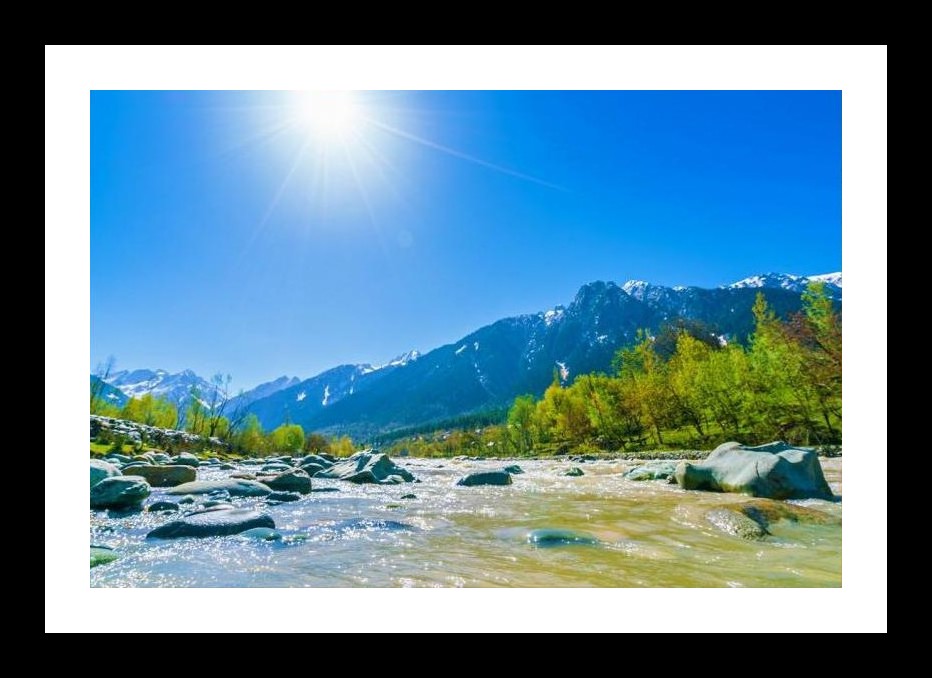 Sun-Kissed River Valley: Majestic Mountain View. Wall Art, Interior Accents, Framing Solutions, Residential/Commercial Decor, Premium Gifts | Size: 8 x 12 inches