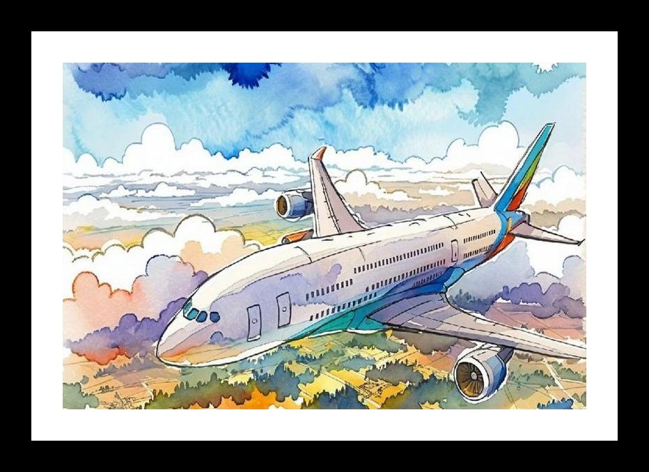 Watercolor Airplane Soaring Above Vibrant Landscape Portrait Wall Art, Interior Accents, Framing Solutions, Residential/Commercial Decor, Premium Gifts | Size: 8 x 12 inches