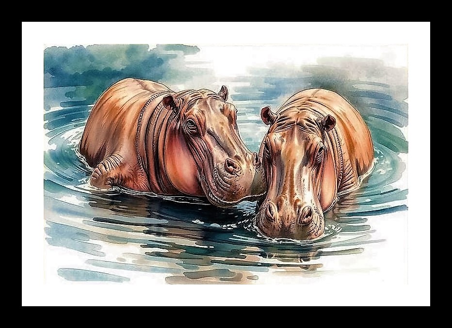 Majestic Mammoth Hippos: Serene Water Portrait Photo Frame With Photo, Wall Hanging Art, Wall Decor, Home Decor, Picture Frame | Size: 8 x 12 inches