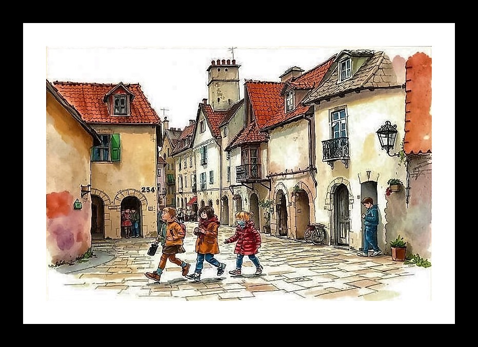 Cobblestone Dreams: Three Children in a Quaint European Town Photo Frame With Photo, Wall Hanging Art, Wall Decor, Home Decor, Picture Frame | Size: 8 x 12 inches