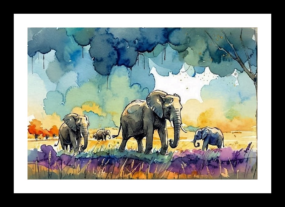 Watercolor Elephant Herd Portrait - Serene Wall Art, Interior Accents, Framing Solutions, Residential/Commercial Decor, Premium Gifts | Size: 8 x 12 inches