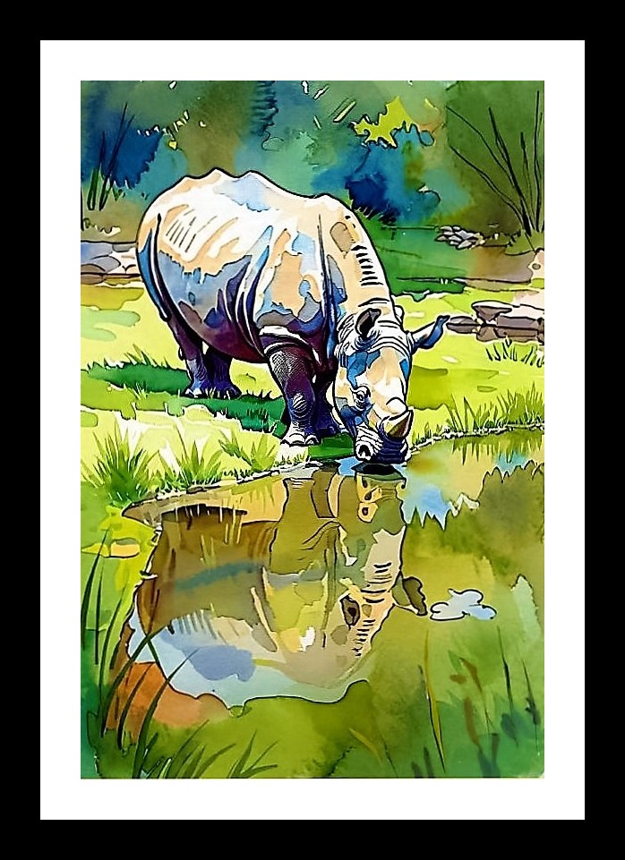 Rhino's Oasis: Serene Watering Hole Portrait. Wall Art, Interior Accents, Framing Solutions, Residential/Commercial Decor, Premium Gifts | Size: 8 x 12 inches