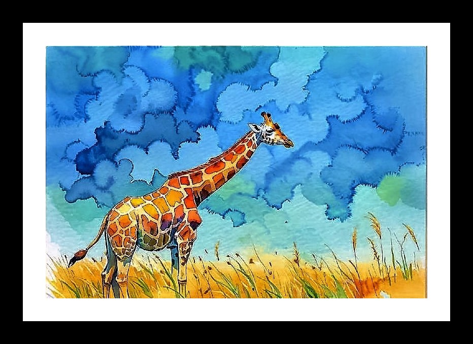 Watercolor Giraffe Portrait - Serene Scene in Blue Photo Frame With Photo, Wall Hanging Art, Wall Decor, Home Decor, Picture Frame | Size: 8 x 12 inches