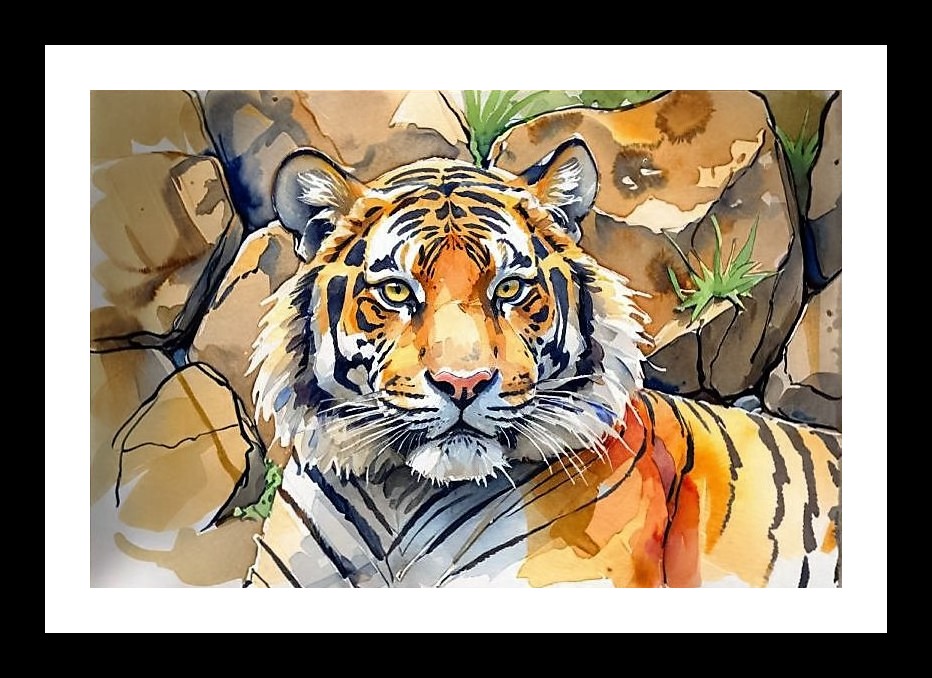 Majestic Tiger Portrait: Intense Gaze, Rocky Lair. Wall Art, Interior Accents, Framing Solutions, Residential/Commercial Decor, Premium Gifts | Size: 8 x 12 inches