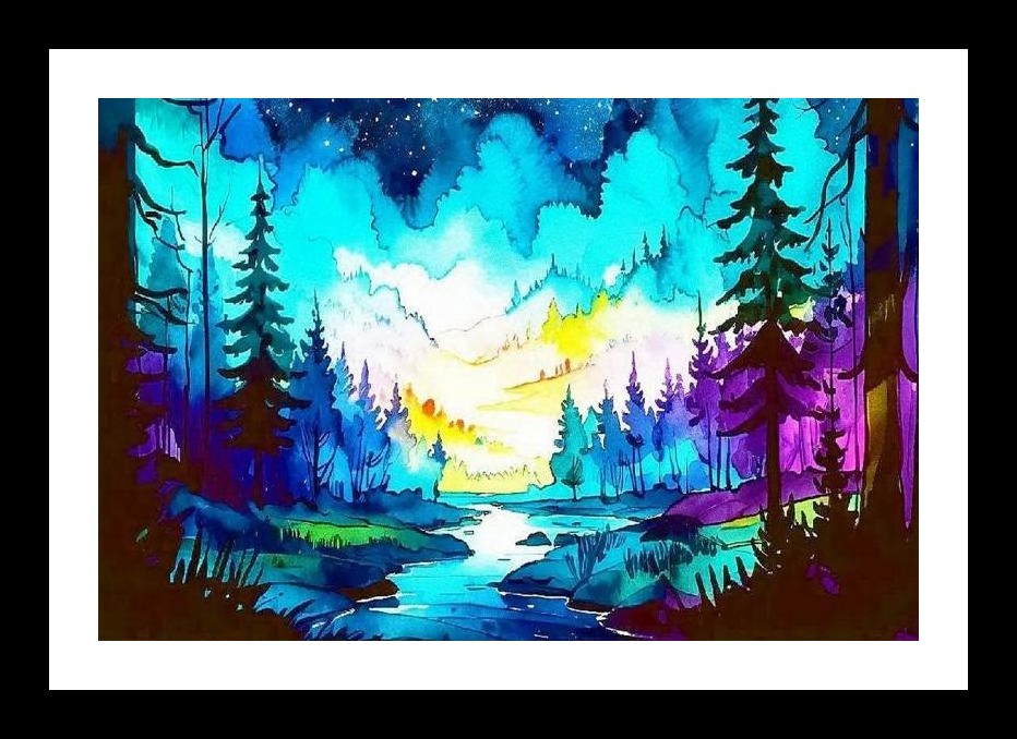 Starry River Dreamscape: Watercolor Forest Night. Wall Art, Interior Accents, Framing Solutions, Residential/Commercial Decor, Premium Gifts | Size: 8 x 12 inches