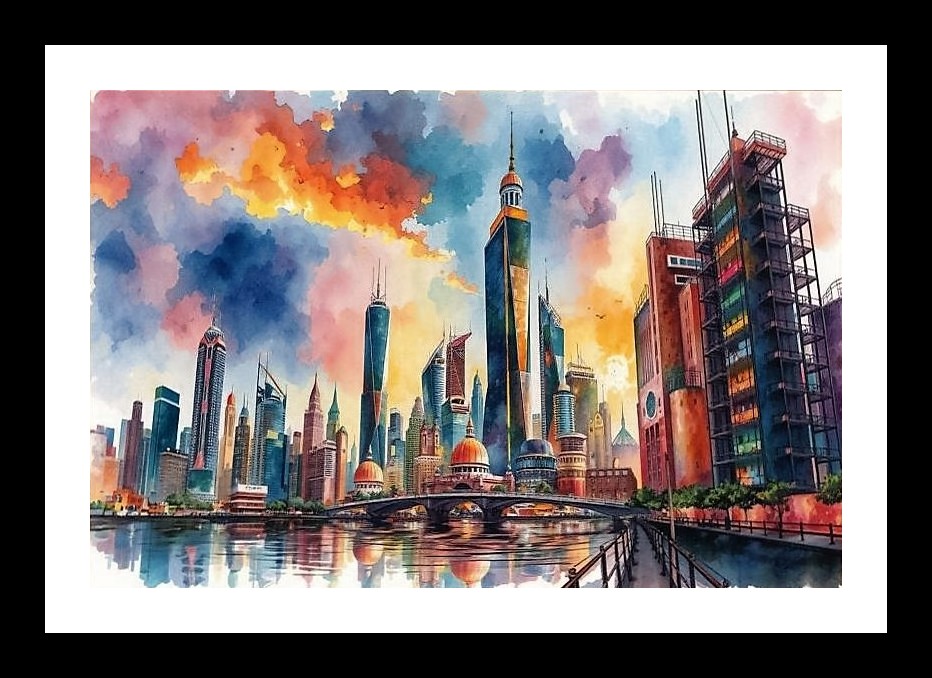 Futuristic Watercolor Cityscape Portrait - Skyline Art Photo Frame With Photo, Wall Hanging Art, Wall Decor, Home Decor, Picture Frame | Size: 8 x 12 inches