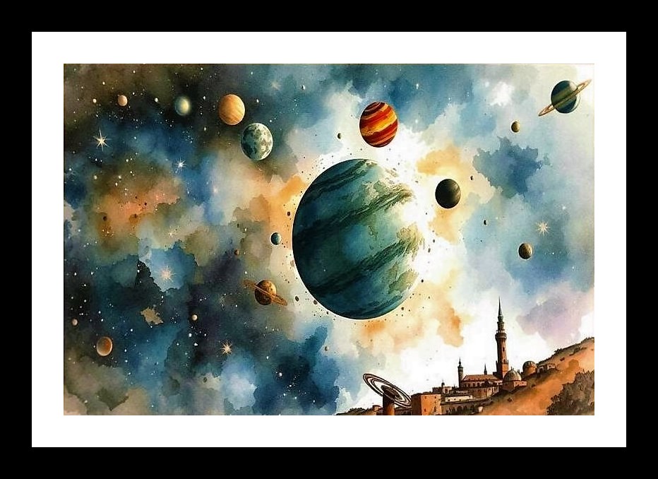 Celestial Cityscape Watercolor Art - Wall Art, Interior Accents, Framing Solutions, Residential/Commercial Decor, Premium Gifts | Size: 8 x 12 inches