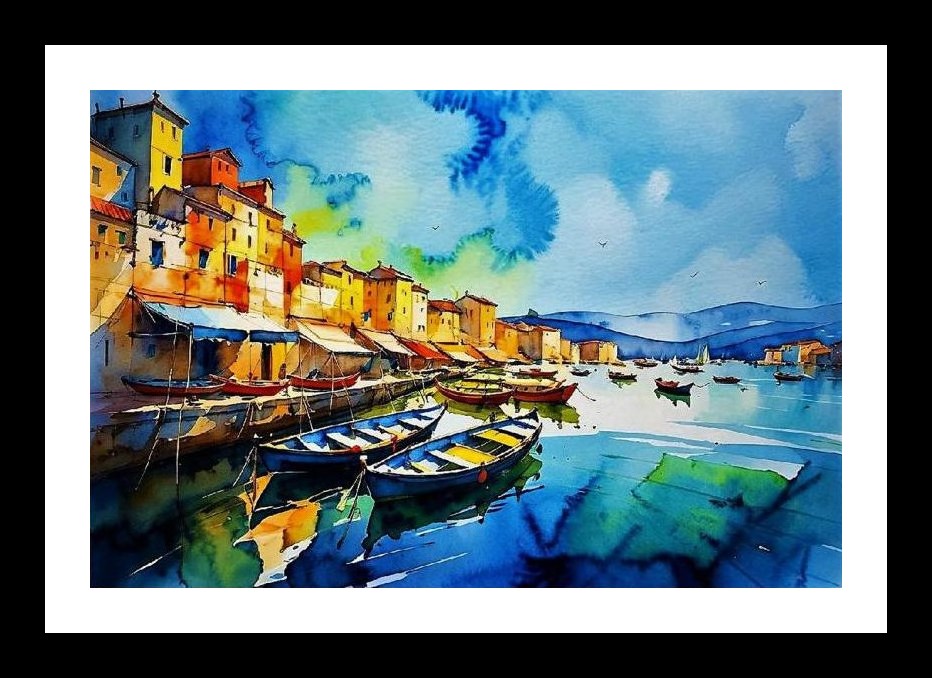 Harbor Town Watercolor: Vibrant Reflections Art. Wall Art, Interior Accents, Framing Solutions, Residential/Commercial Decor, Premium Gifts | Size: 8 x 12 inches