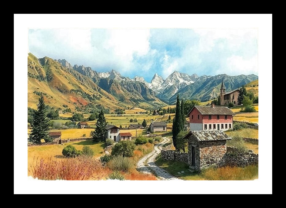 Golden Valley Village: Serene Mountain Portrait. Wall Art, Interior Accents, Framing Solutions, Residential/Commercial Decor, Premium Gifts | Size: 8 x 12 inches