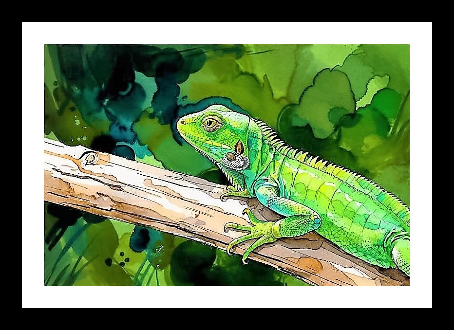 Emerald Lizard Jungle Watercolor Art - Vibrant Home Decor Wall Art, Interior Accents, Framing Solutions, Residential/Commercial Decor, Premium Gifts | Size: 8 x 12 inches