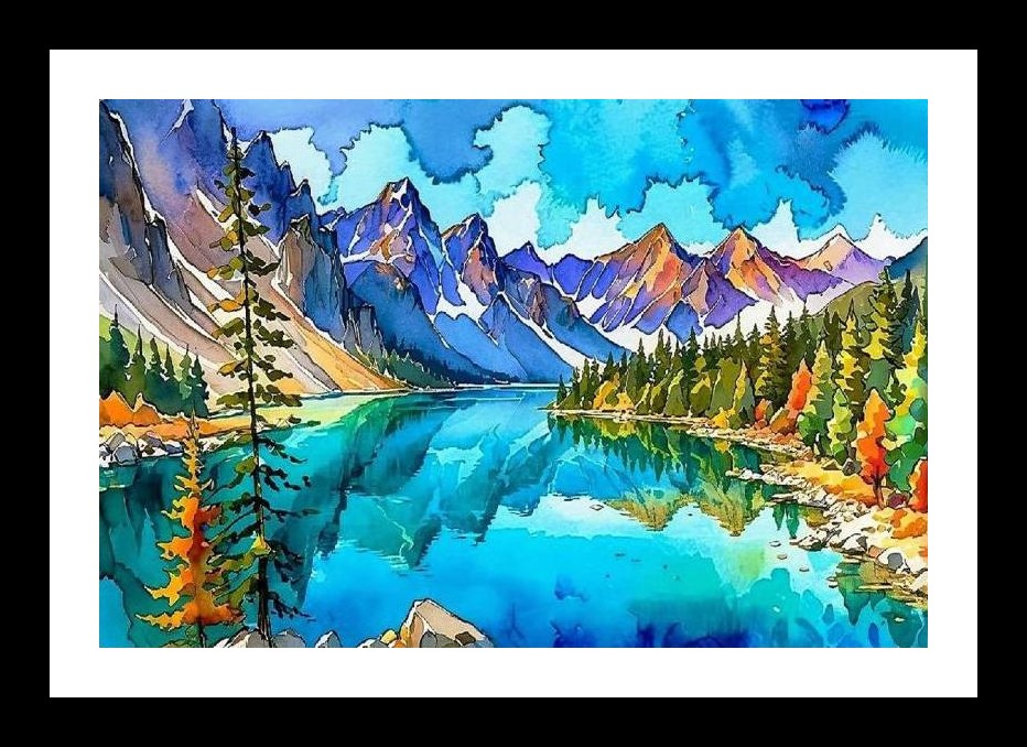 Vibrant Watercolor Mountain Lake Reflection Wall Art, Interior Accents, Framing Solutions, Residential/Commercial Decor, Premium Gifts | Size: 8 x 12 inches