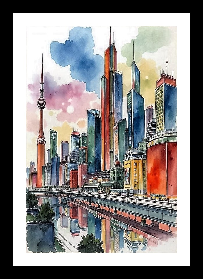 Watercolor Cityscape Skyline Portrait - Modern Art Photo Frame With Photo, Wall Hanging Art, Wall Decor, Home Decor, Picture Frame | Size: 8 x 12 inches