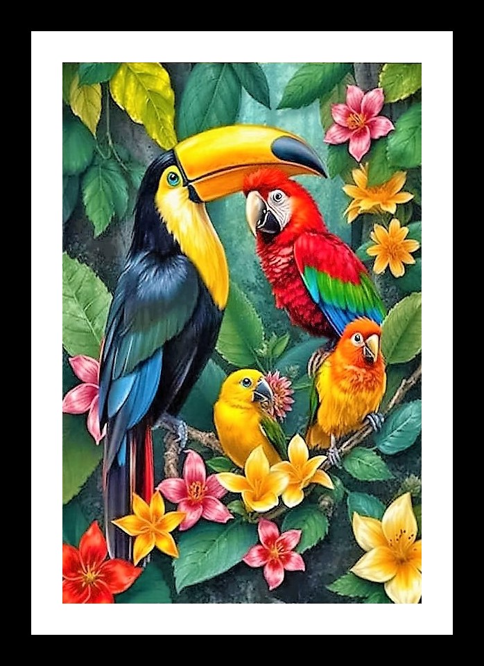 Exotic Birds & Jungle Blooms Portrait: Tropical Wildlife Art Wall Art, Interior Accents, Framing Solutions, Residential/Commercial Decor, Premium Gifts | Size: 8 x 12 inches